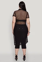 Womens Plus Size Shadow Stripe Collared Mesh Top, Black, Size 2X