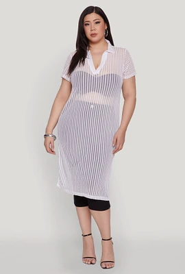 Womens Plus Size Shadow Stripe Collared Mesh Top, White, Size 4X