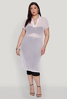 Womens Plus Size Shadow Stripe Collared Mesh Top, White, Size 4X