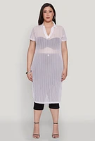 Womens Plus Size Shadow Stripe Collared Mesh Top, White, Size 4X