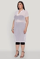 Womens Plus Size Shadow Stripe Collared Mesh Top, White, Size 4X