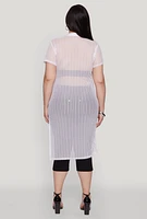 Womens Plus Size Shadow Stripe Collared Mesh Top, White, Size 4X