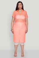 Womens Plus Shadow Stripe Collared Mesh Top,