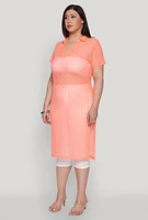 Womens Plus Shadow Stripe Collared Mesh Top,