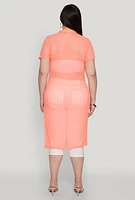 Womens Plus Shadow Stripe Collared Mesh Top,