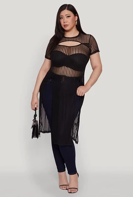 Womens Plus Size Shadow Stripe Slit Front Maxi Top, Black, Size 2X