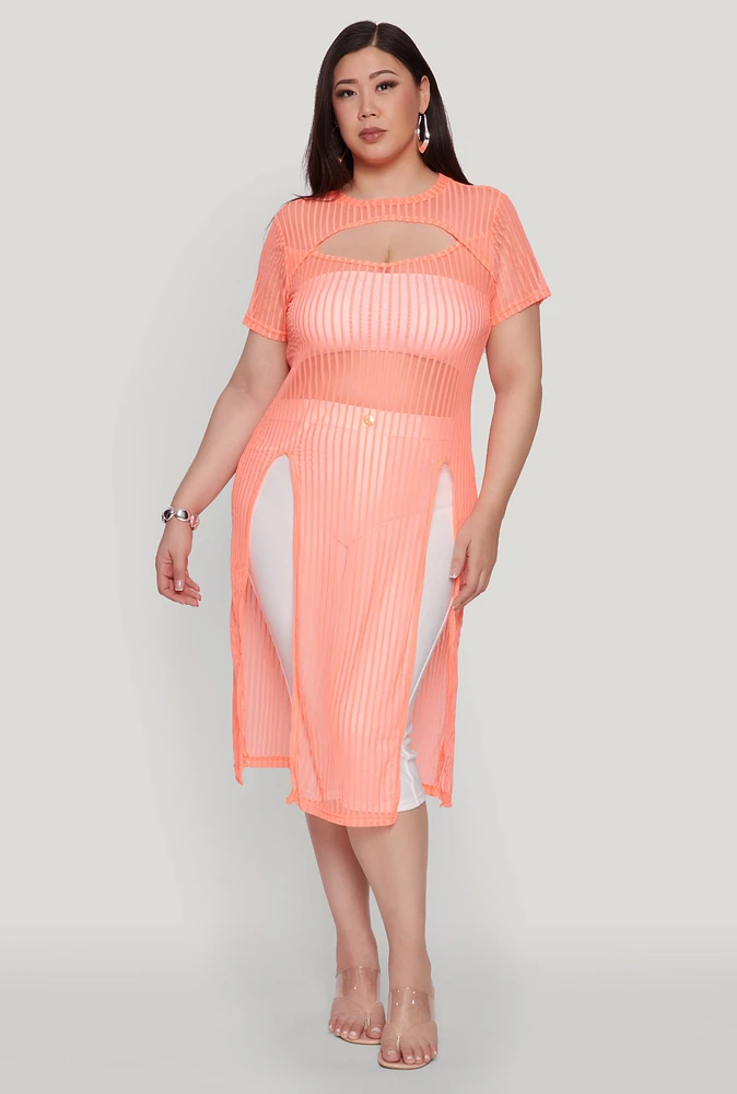 Womens Plus Shadow Stripe Slit Front Maxi Top,