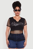 Womens Plus Size Queen Graphic Top with Fishnet Detail and Rhinestones, Black, Size 4X