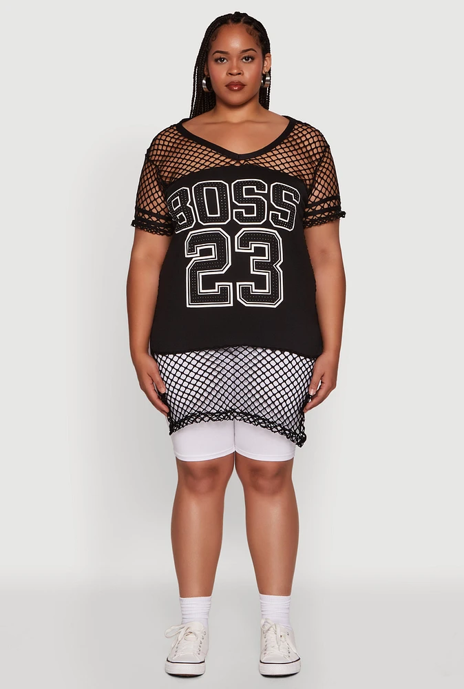 Womens Plus Size Fishnet Boss 23 Rhinestone Graphic Top with Varsity Stripe Details, Black, Size 3X