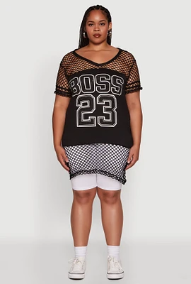 Womens Plus Size Fishnet Boss 23 Rhinestone Graphic Top with Varsity Stripe Details, Black, Size 3X