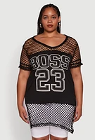 Womens Plus Size Fishnet Boss 23 Rhinestone Graphic Top with Varsity Stripe Details, Black, Size 3X