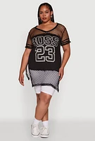 Womens Plus Size Fishnet Boss 23 Rhinestone Graphic Top with Varsity Stripe Details, Black, Size 3X