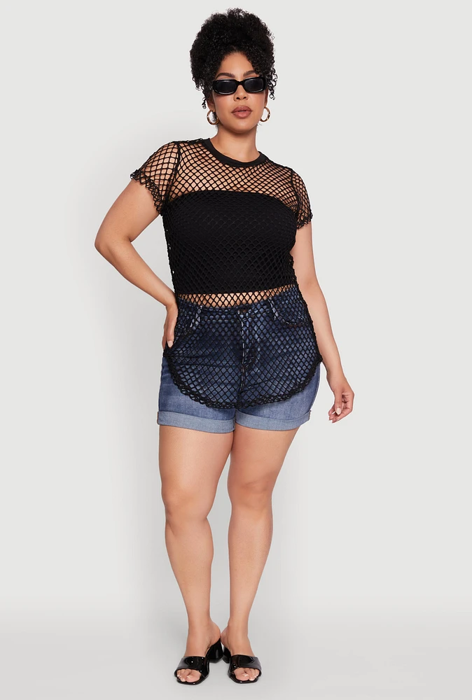 Womens Plus Chic Fishnet Crew Neck Tee, 2X