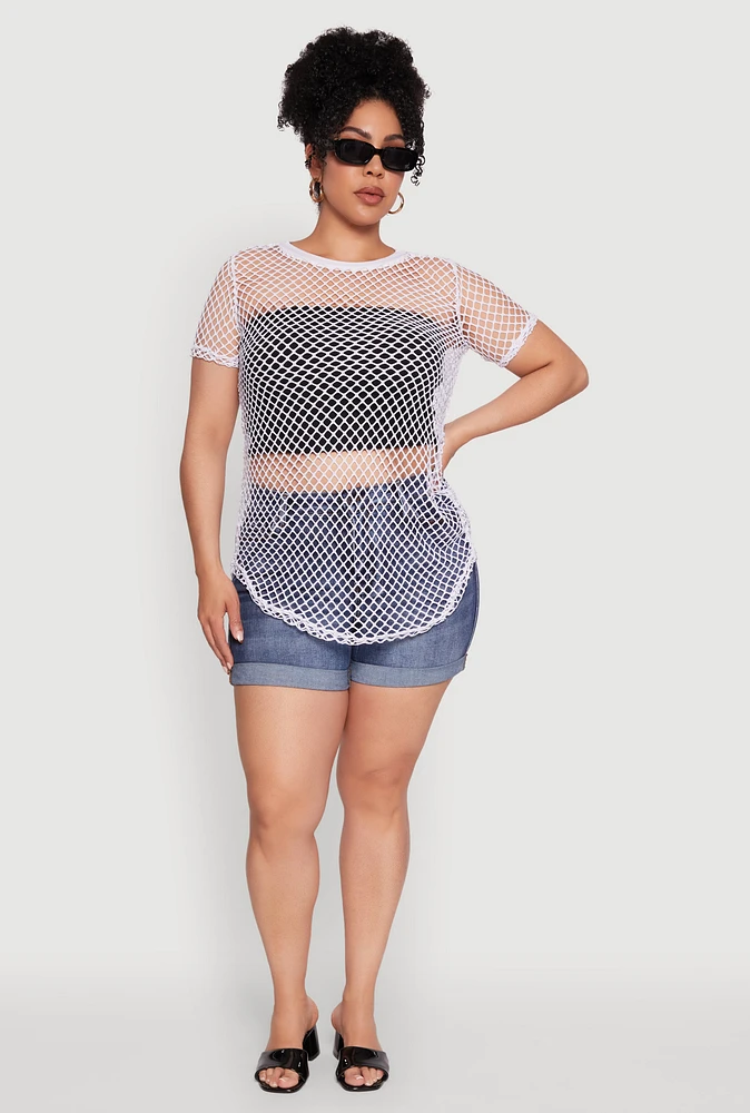 Womens Plus Chic Fishnet Crew Neck Tee, White,