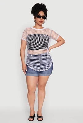 Womens Plus Chic Fishnet Crew Neck Tee, White,