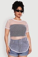 Womens Plus Chic Fishnet Crew Neck Tee, White,