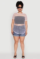 Womens Plus Chic Fishnet Crew Neck Tee, White,