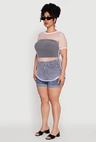 Womens Plus Chic Fishnet Crew Neck Tee, White,