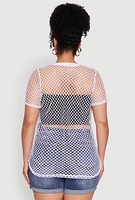 Womens Plus Chic Fishnet Crew Neck Tee, White,