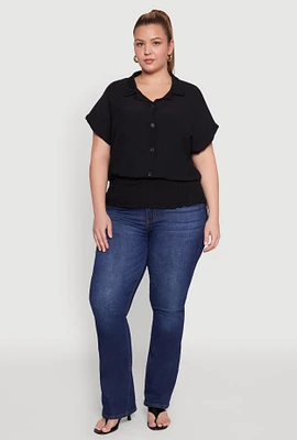 Womens Plus Size Smocked Hem Button Front Top, Black, Size 1X