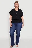 Womens Plus Size Smocked Hem Button Front Top, Black, Size 1X