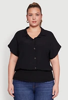 Womens Plus Smocked Hem Button Front Top,