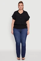 Womens Plus Smocked Hem Button Front Top,