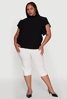 Womens Plus Chic Crepe Knit Flutter Sleeves Mock Neck Blouse,