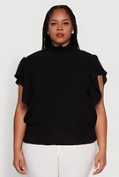 Womens Plus Chic Crepe Knit Flutter Sleeves Mock Neck Blouse,