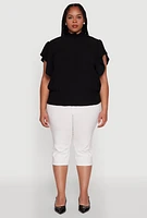 Womens Plus Chic Crepe Knit Flutter Sleeves Mock Neck Blouse,