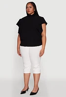 Womens Plus Chic Crepe Knit Flutter Sleeves Mock Neck Blouse,