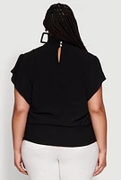 Womens Plus Chic Crepe Knit Flutter Sleeves Mock Neck Blouse,