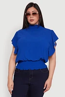 Womens Plus Chic Crepe Knit Flutter Sleeves Mock Neck Blouse, 1X