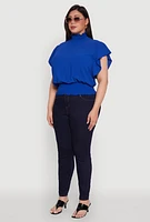 Womens Plus Chic Crepe Knit Flutter Sleeves Mock Neck Blouse, 1X