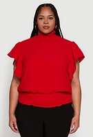 Womens Plus Chic Crepe Knit Flutter Sleeves Mock Neck Blouse,