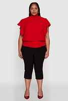 Womens Plus Chic Crepe Knit Flutter Sleeves Mock Neck Blouse,