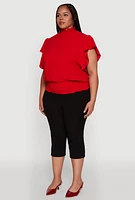 Womens Plus Chic Crepe Knit Flutter Sleeves Mock Neck Blouse,