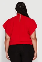 Womens Plus Chic Crepe Knit Flutter Sleeves Mock Neck Blouse,