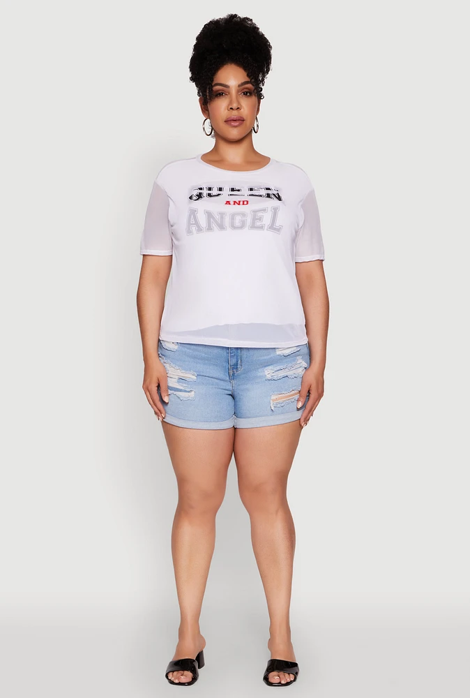 Womens Plus Size Queen and Angel Mesh Top, White, Size 4X