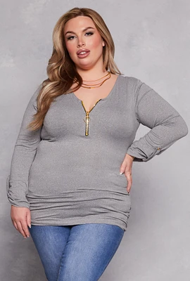 Womens Plus Half Zip Ruched Long Sleeve Top,