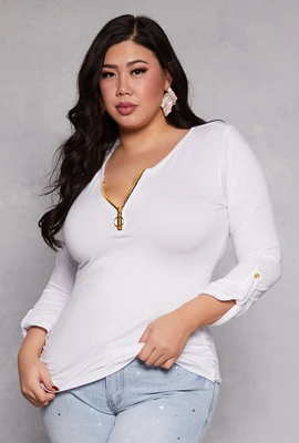 Womens Plus Size Half Zip Ruched Long Sleeve Top, White, Size 3X