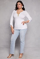 Womens Plus Size Half Zip Ruched Long Sleeve Top, White, Size 3X