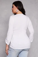 Womens Plus Size Half Zip Ruched Long Sleeve Top, White, Size 3X