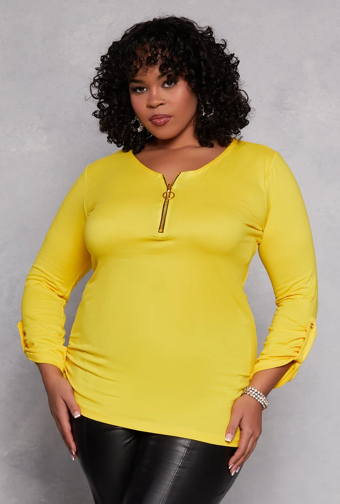 Womens Plus Size Half Zip Ruched Long Sleeve Top, Yellow, Size 1X