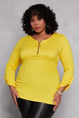Womens Plus Size Half Zip Ruched Long Sleeve Top, Yellow, Size 1X