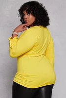 Womens Plus Size Half Zip Ruched Long Sleeve Top, Yellow, Size 1X