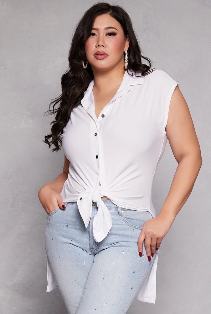 Womens Plus Size Cap Sleeve Tie Front High Low Shirt, White, Size 2X