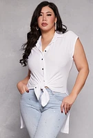 Womens Plus Size Cap Sleeve Tie Front High Low Shirt, White, Size 2X