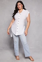 Womens Plus Size Cap Sleeve Tie Front High Low Shirt, White, Size 2X