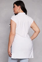 Womens Plus Size Cap Sleeve Tie Front High Low Shirt, White, Size 2X